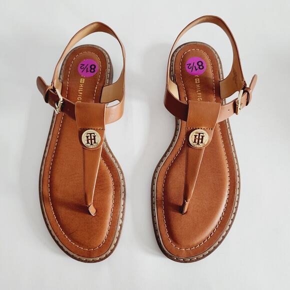 Tommy Hilfiger Tan Faux Leather Sandals Flats Gold Logo & Adjustable Strap 8.5 - Picture 5 of 6